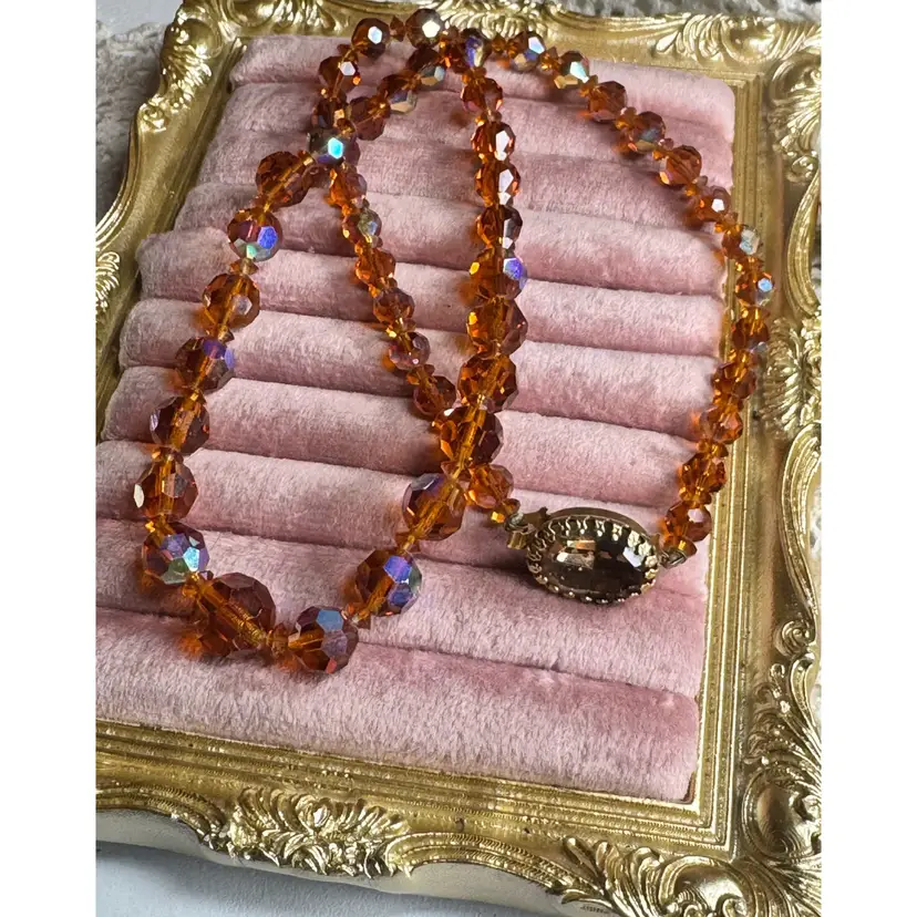Vintage Orange Ab Crystal Necklace 22”