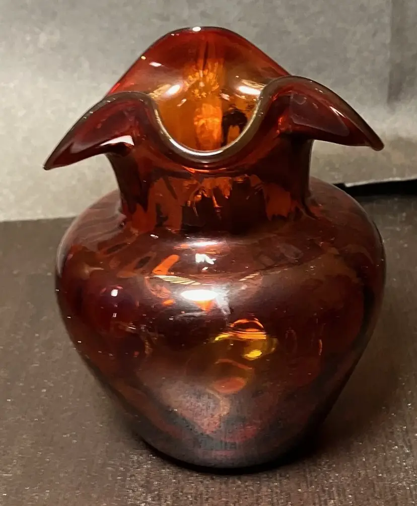VTG Handblown Amberina Spot Pattern Creamer Pitcher Ruffled Rim UV Glows