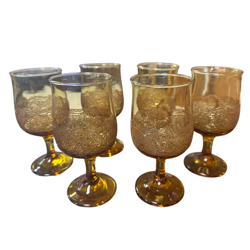 Vtg Libbey Americana Embossed Amber Depression Wine Glasses Set Of 6
