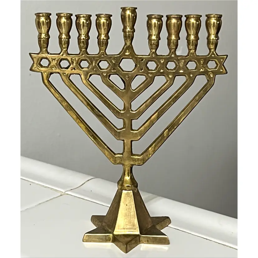 Brass Hanukkah Menorah Star of David Nine Candles Holder Jewish Religion 7.2 in