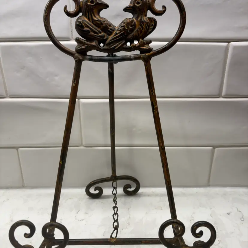Vtg Rustic Wrought Iron Easel with Two Birds - 12" Farmhouse Picture/ Plate