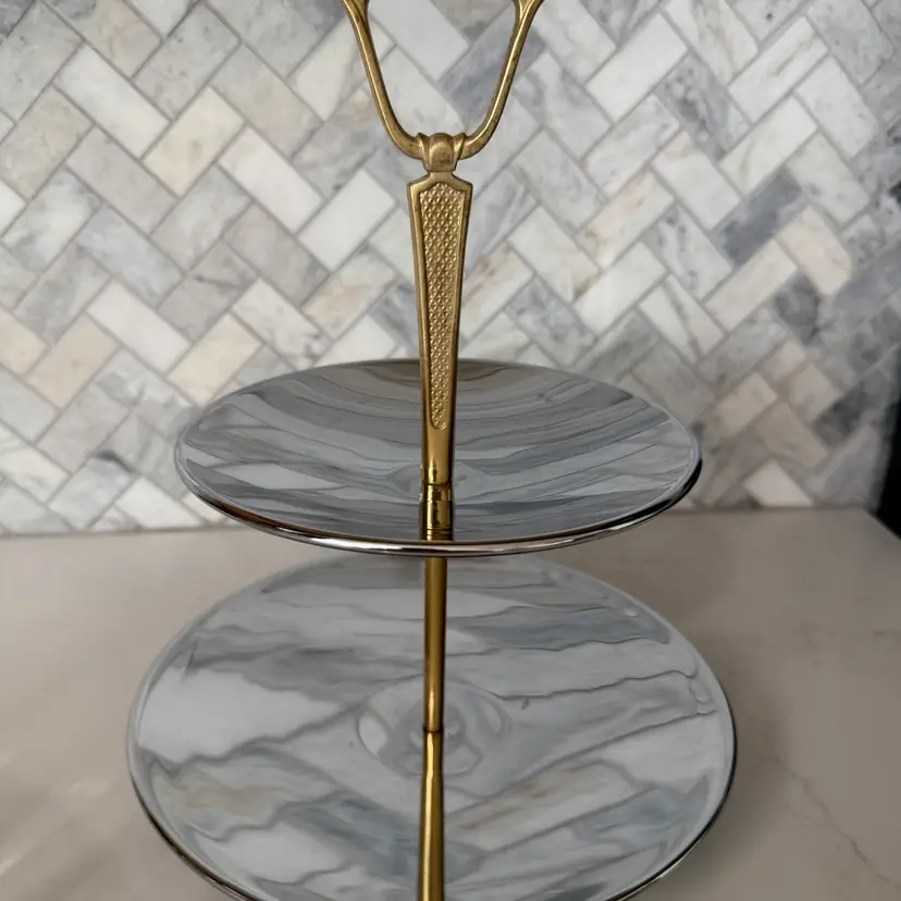 mid century modern Kromex two-tier chrome and gold-tone tidbit server. Plates Are 6.5 Inches And 8.5 Inches.