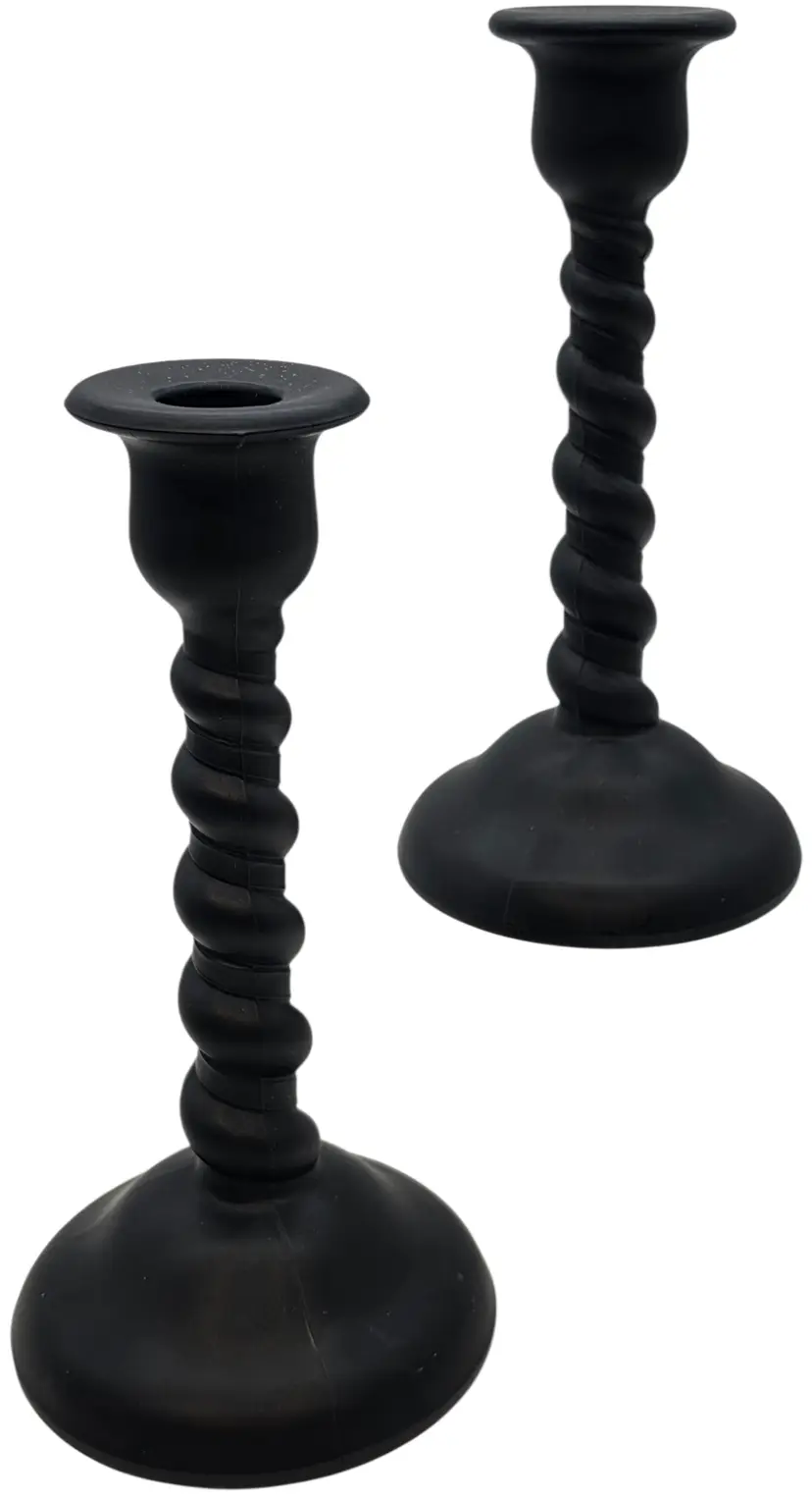 PAIR TIFFIN SATIN EBONY TWIST CANDLESTICKS TAPER 8 1/4" TALL
