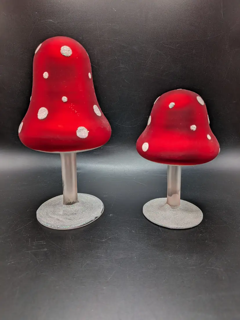 MERCURY GLASS RED WHITE HOLLOW MUSHROOMS SET OF 2