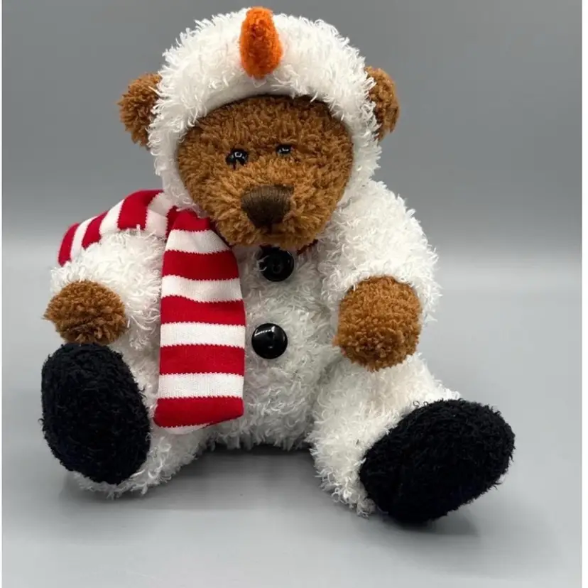 Vintage Animal Adventure Snowman Teddy Bear Plush with Red Striped Scarf