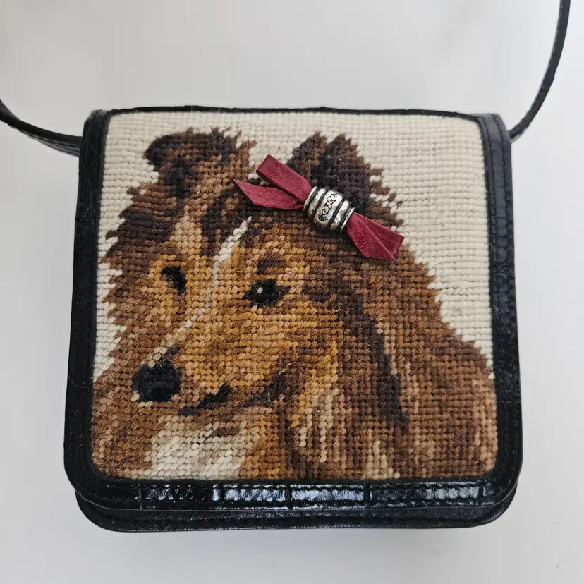 Vintage Brighton Needlepoint Collie Dog Crossbody Wallet Bag Black Leather