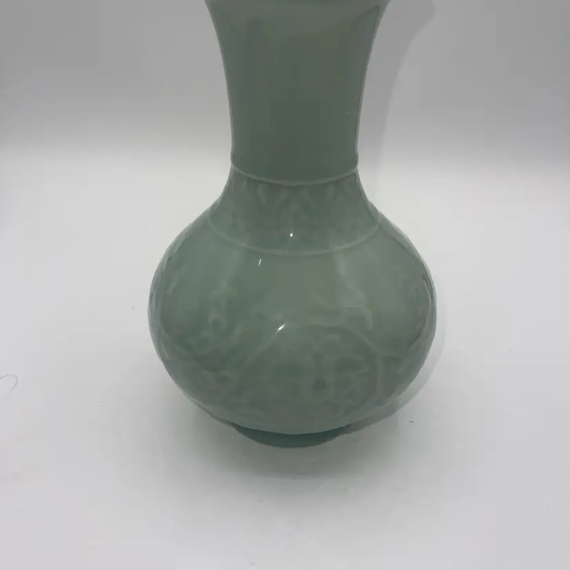 Celadon Vase 8”  Light Green Floral Design