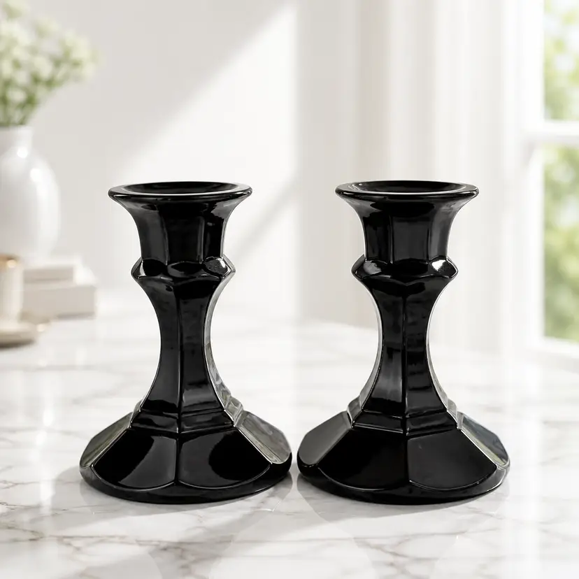 Vintage Black Amethyst Class Candlestick Holders, 4.25" Tall