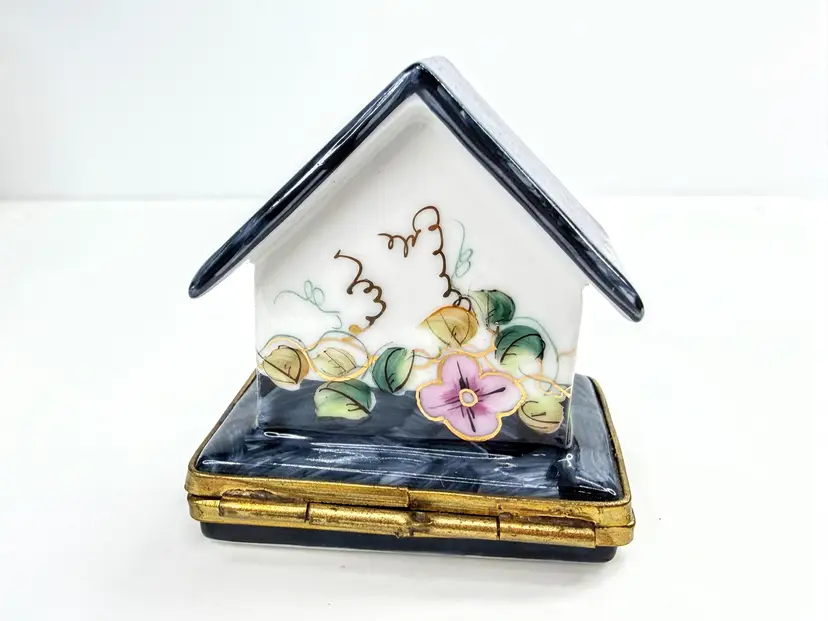 Rochard Limoges France Hand Painted  Floral brushed Birdhouse Trinket Box A1070