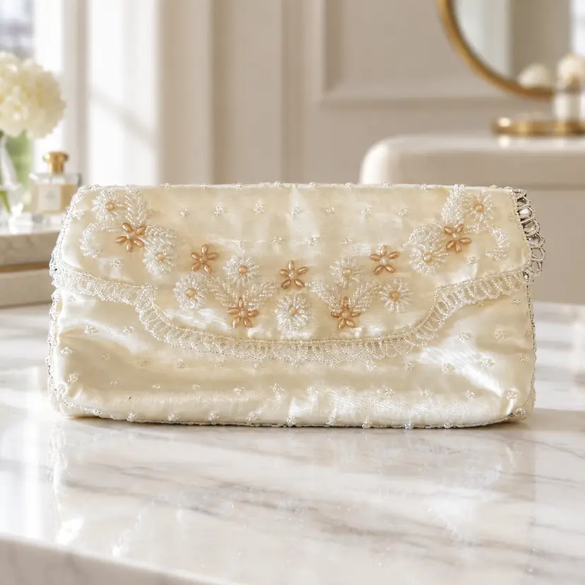 Vintage Ivory Hand Beaded Evening Clutch by Bags By Josef, 9" x 5"