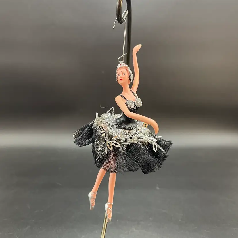 Black Swan Ballerina Ballet Ornament Tutu Silver Clear Accents Plastic Christmas