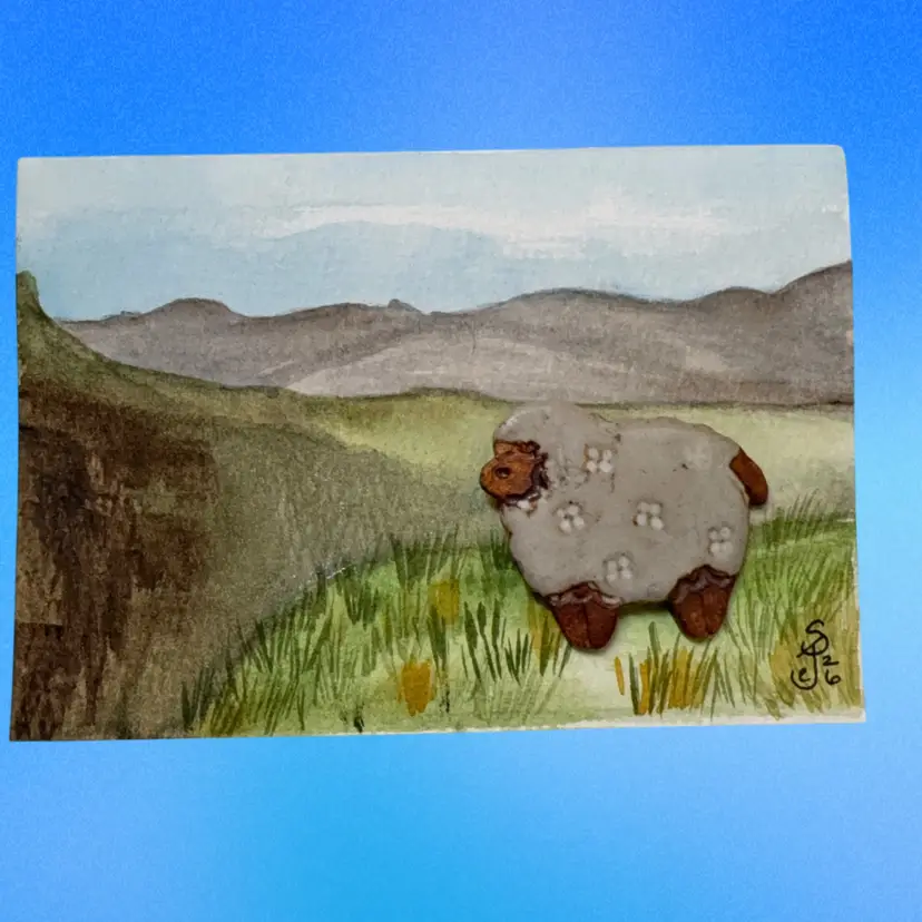 Original Watercolor Card With Vintage Sheep Brooch. Comes With Tissue And Box 5” X 3.5” Blank Inside