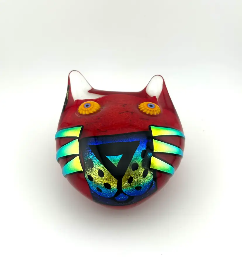 2005 Mad Art Studios Red Dichroic Glass Cat Face Paperweight 4.5”x 3.75”x 2.5”