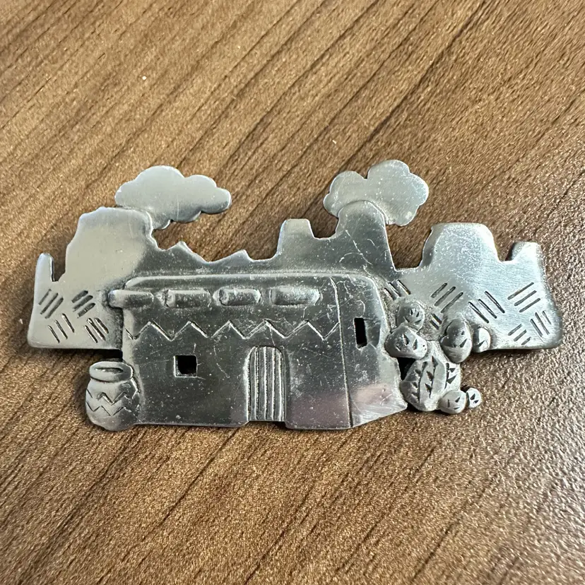 JJ Brooch 1988 Southwest Adobe House Silver-Tone