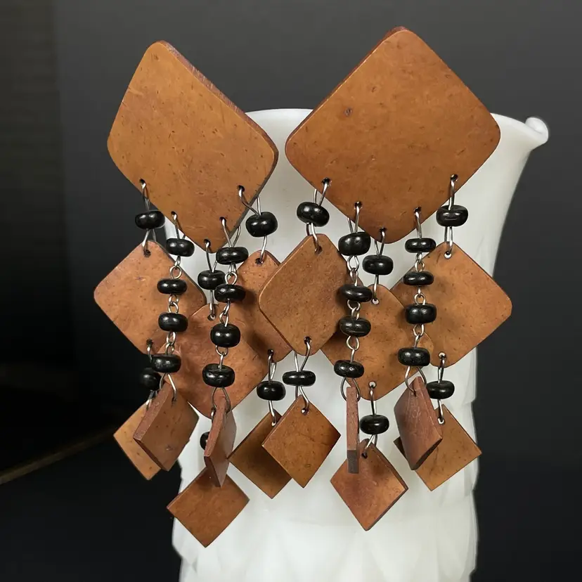 Coconut Shell Brown & Black Boho Chandelier Earrings Vintage Statement 3.5"
