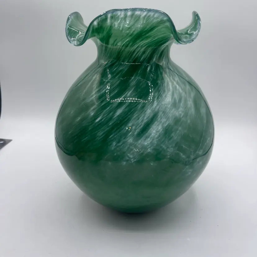 Art Glass Vase 9.5” Ruffled Edge Green Swirl