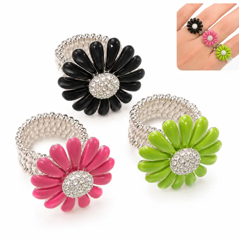 3 Stretch Enamel Plated Crystal Flower Rings Pink Black Green Silver Cute Floral