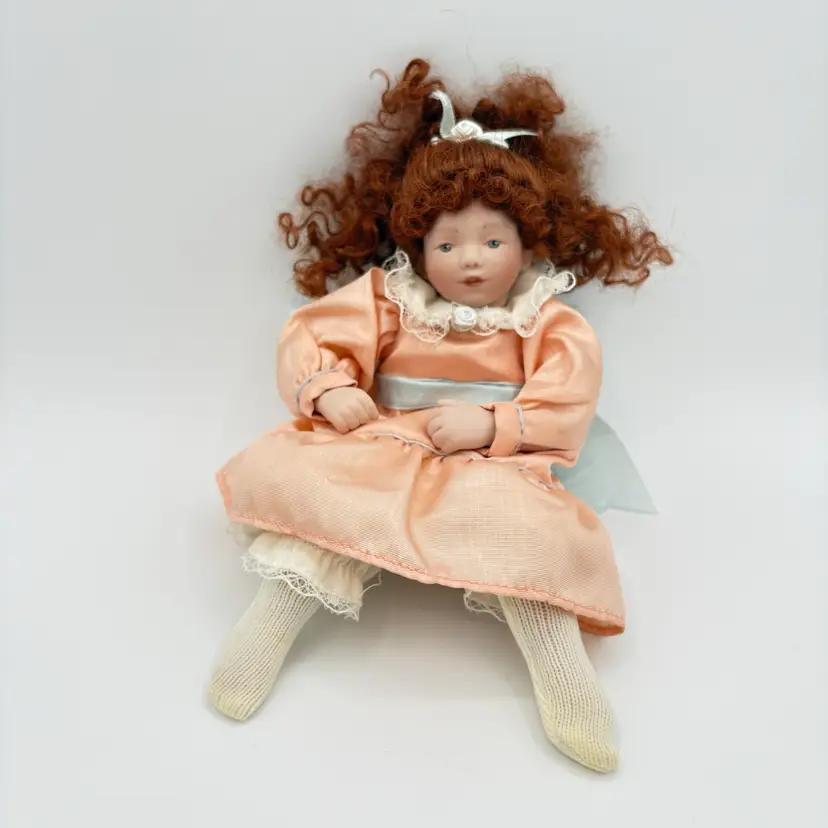 Kathy Hippensteel Porcelain Doll Red Curls Wearing Peach Dress