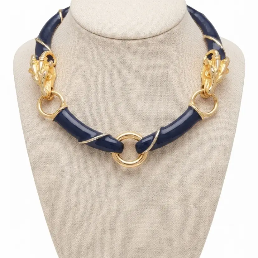 100. Donald Stannard Ram Head Statement Necklace – Navy Enamel & Gold-Tone