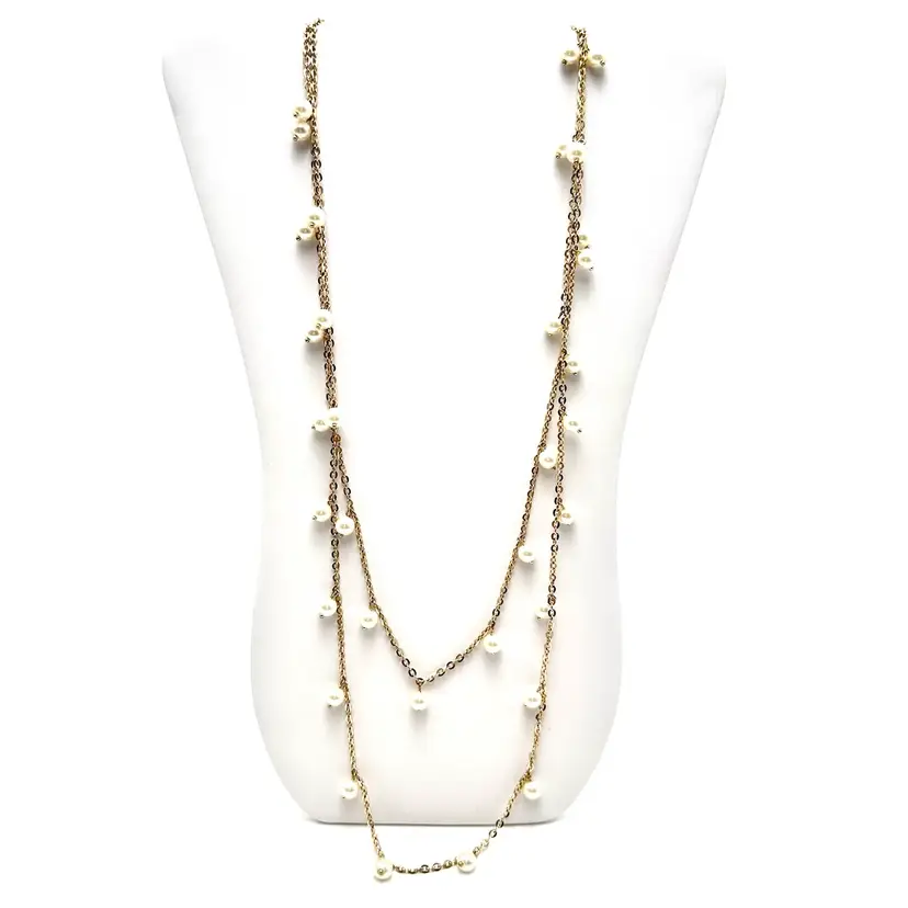 #A13 Faux Pearl Extra Long Cha Cha Necklace Gold Tone Unsigned 54” L