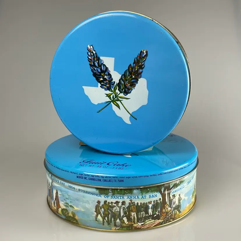 Manor Bakers of Texas Fruit Cake Metal Pair of Tins 1960s Vintage