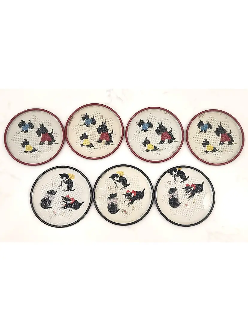 Schnauzer and Black Cat MCM Metal Coasters Set of 7