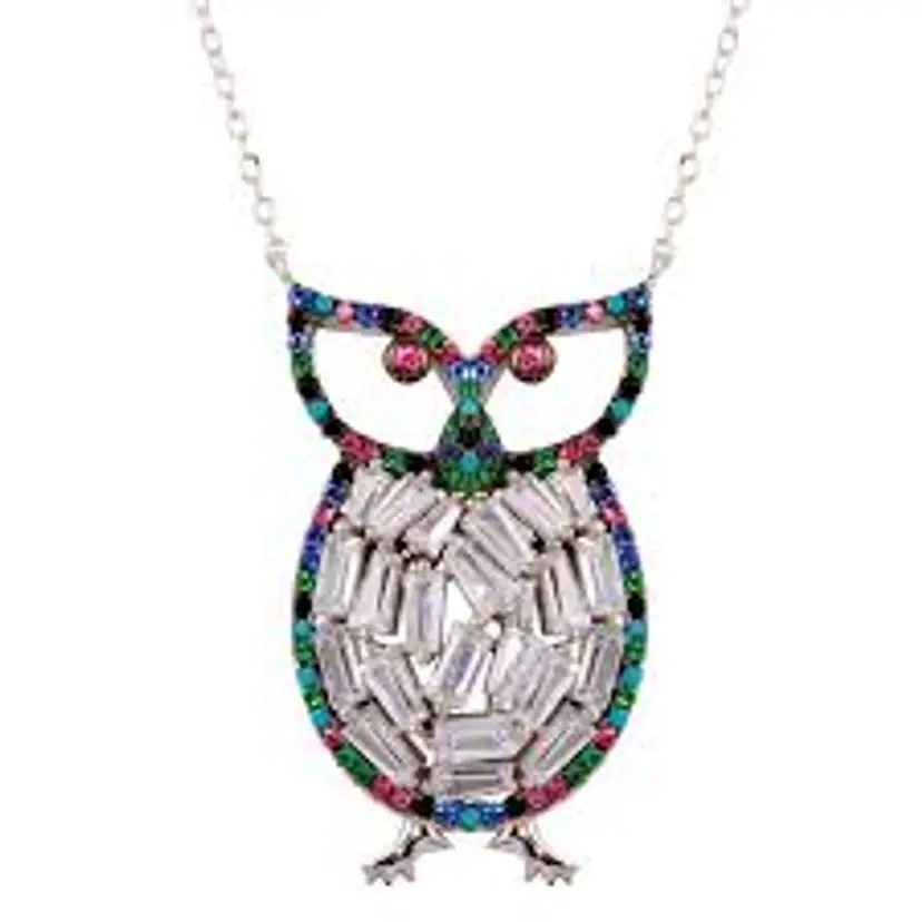 Sterling Silver Owl Necklace: Rainbow CZ Pave Charm, Animal Jewelry