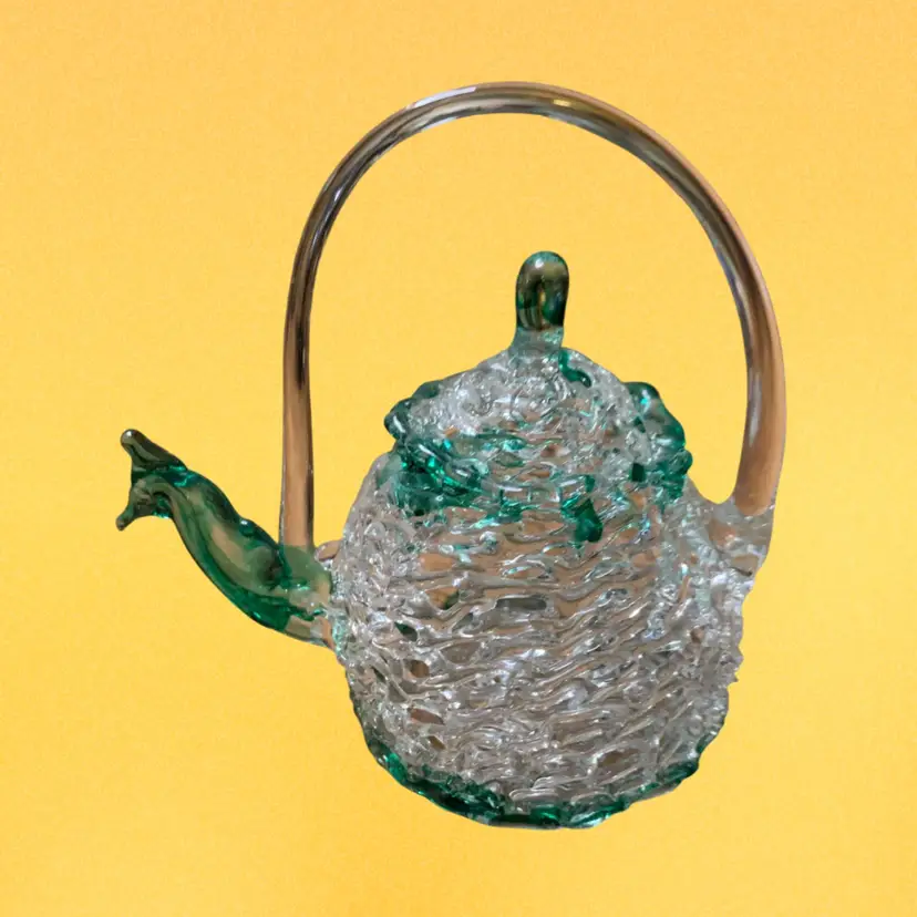 10. Beautiful Miniature Hand Blown Spun Glass Clear and Green Tea Pot