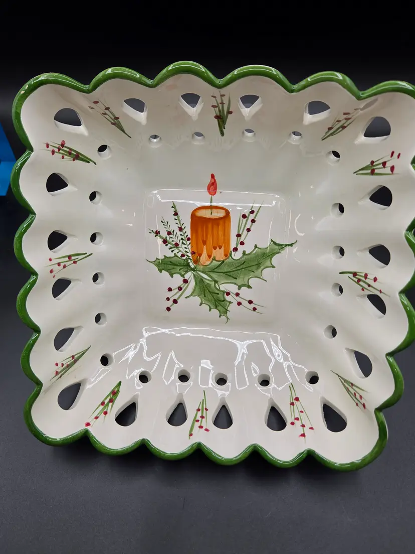Ceramic Basket Hand Painted Made in Portugal Candle Holly Berries Reticulated White Green RCCL
