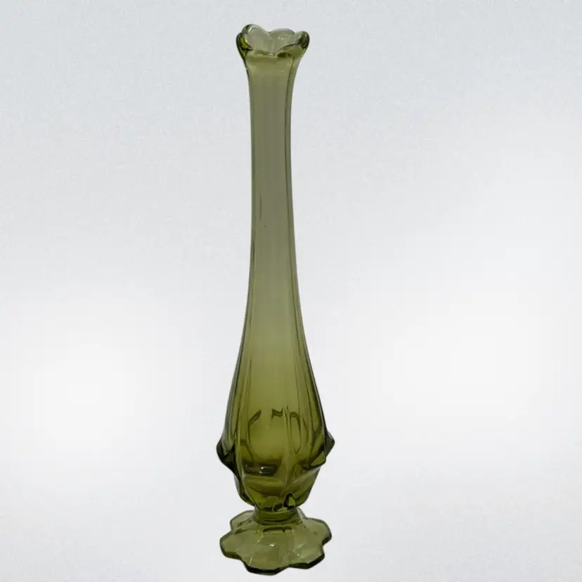Vintage Fenton Valencia Olive Green Footed Swung Vase Stretched 11.5”