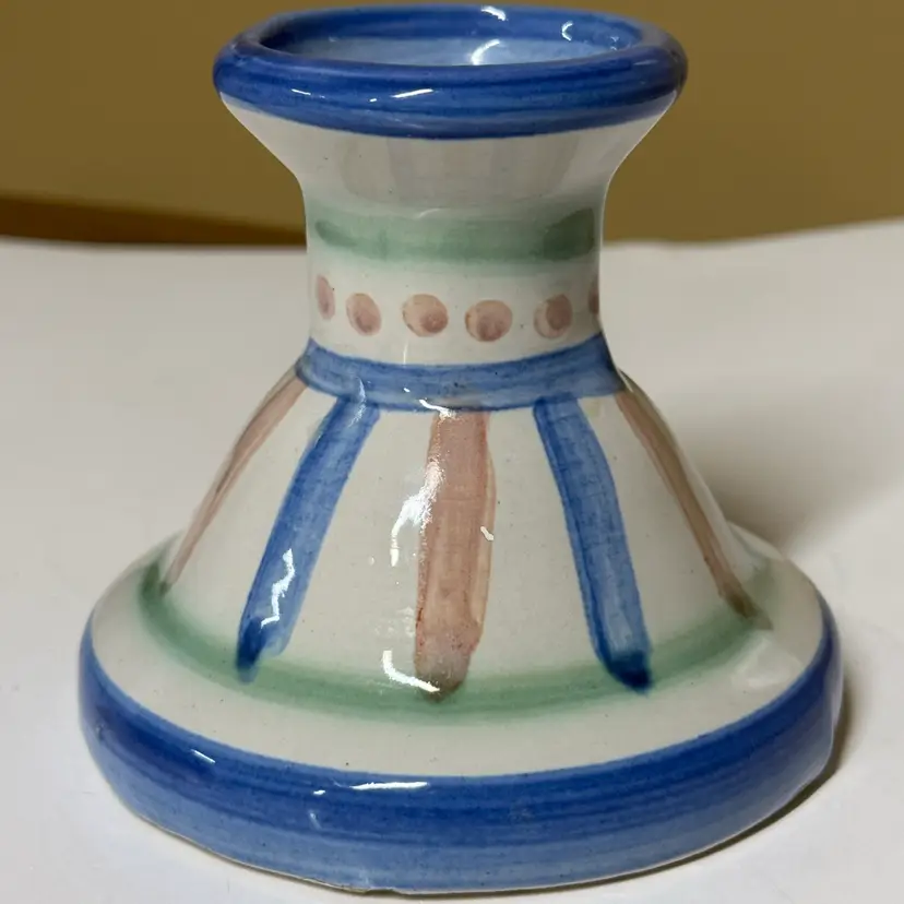 M A Hadley Pottery Candlestick Holder Stoneware Dots Stripes Blue & Pink Signed