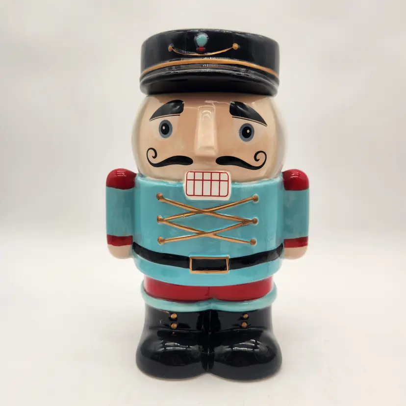 Sleigh Bell Bistro Nutcracker Ceramic Cookie Jar Gold Trim Christmas NWOT