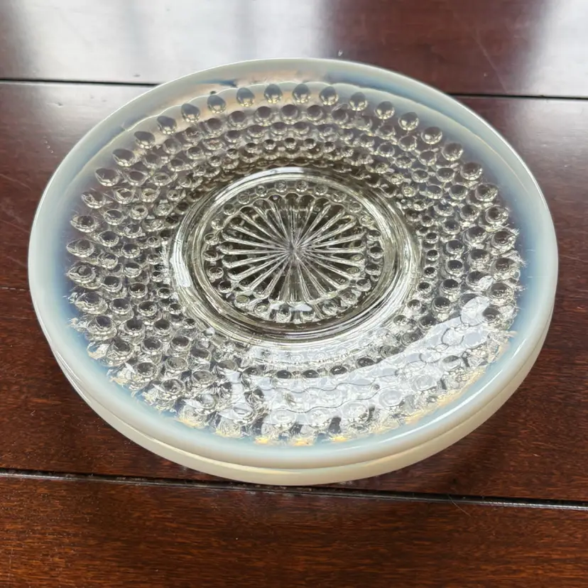 Anchor Hocking Moonstone Opalescent Hobnail Glass 6.25” Desserts Plates (2) 1942-46. Some age and crazing but no cracks or chips.
