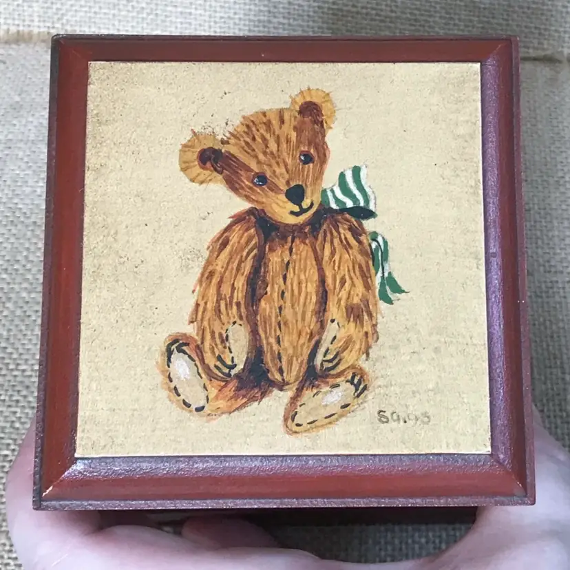 Hand Painted Teddy Bear Wood Box Trinket Jewelry Holder Rustic Cottagecore
