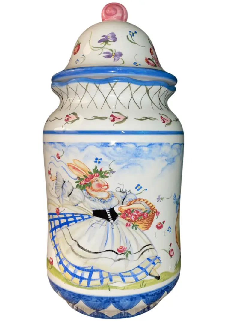 Ceramic canister by artist Pamela Silin-Palmer French country-inspired W/ Matching Lid