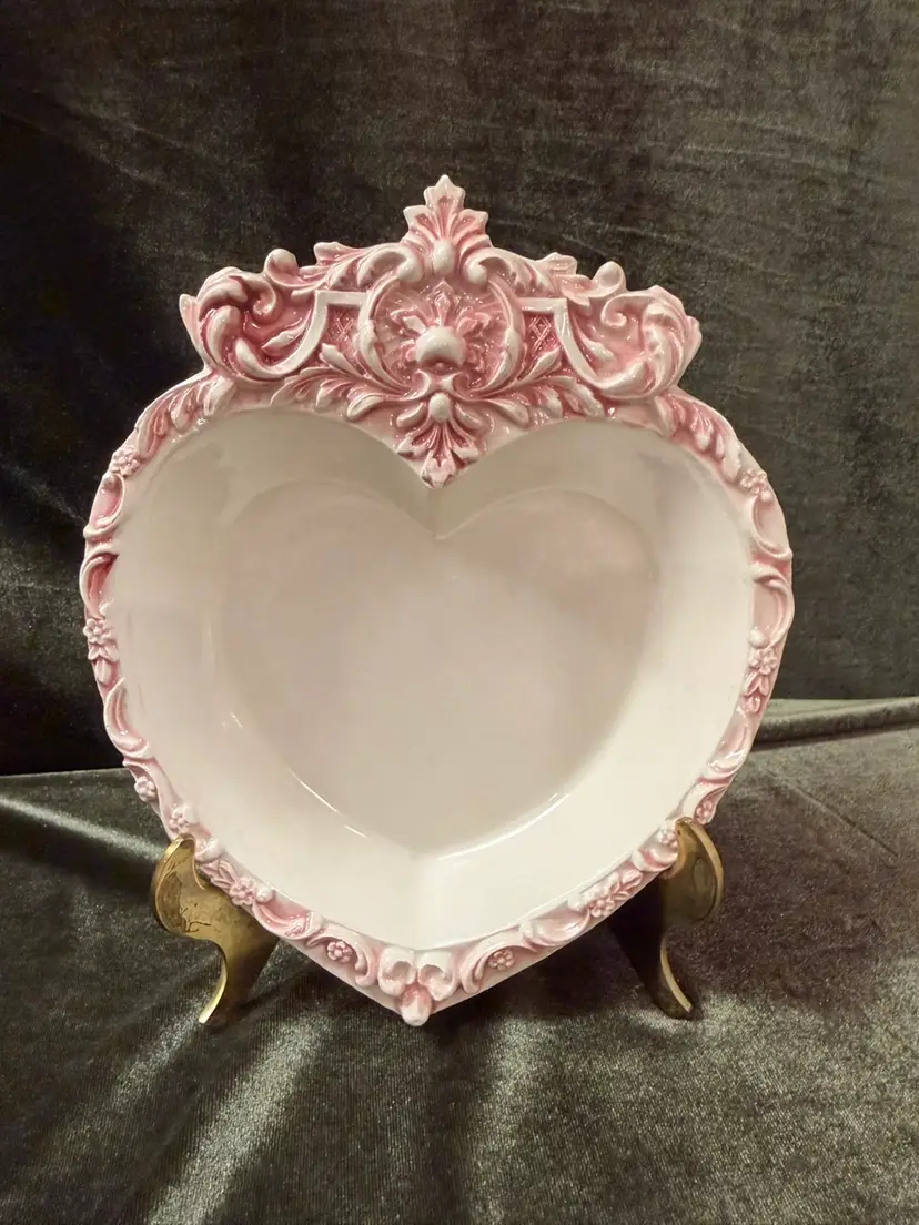 Vintage Pink Ceramic Heart Dish - Ornate Rococo Scrollwork Baroque - Has a Built in Hanger For hanging