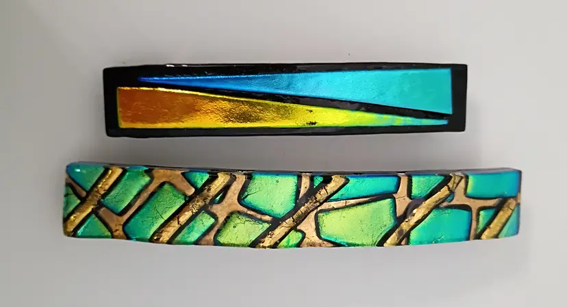 2 Vintage Barrettes ~ Dichroic Glass ~ Blue Green Geometric ~ France ~ 1980-1990