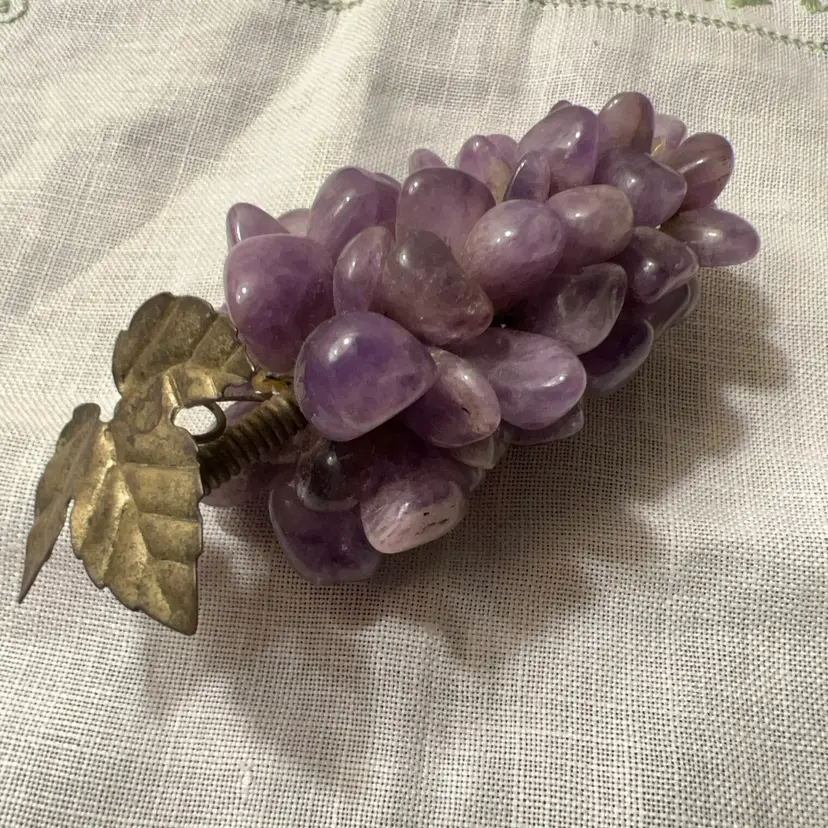 Small Amethyst - Vtg Semi-Precious Polished Stones 3.5 Grape Cluster w/Metal Leaf