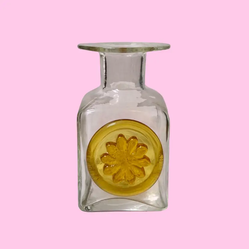 Vintage RAINBOW ART GLASS Mini Decanter, NO STOPPER, Amber Flower Medallion