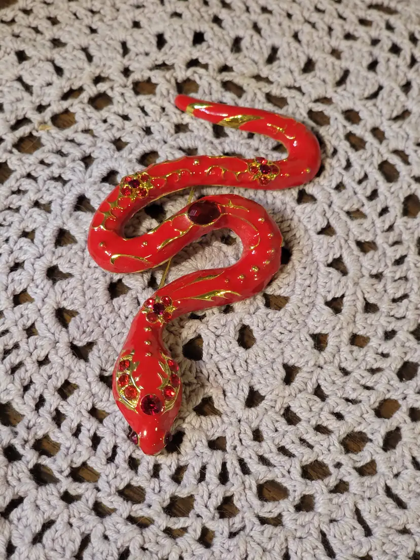 Vintage red enamel snake with rhinestones brooch
