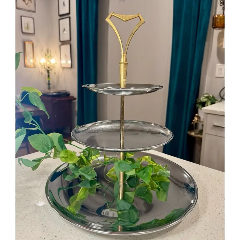 😻 16x13” vintage Kromex three-tier serving tray w/polished chrome finish & distinct gold handle