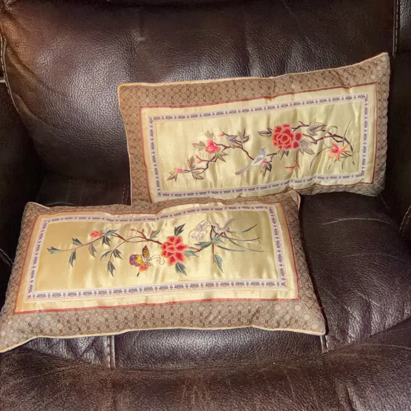 Chinoiserie style Pair of Vintage Chinese Hand Embroidered Silk Lumbar Pillows - Peony Birds & Butterfly, Set of 2 Coordinated Decorative Asian Silk Cushions 16