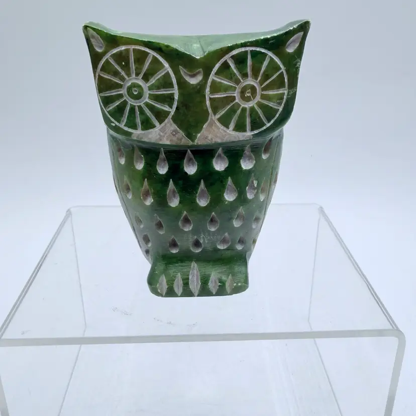 Vintage Hand Carved Stone Owl Figurine Medium Green Etched Bird Statue 3.5”