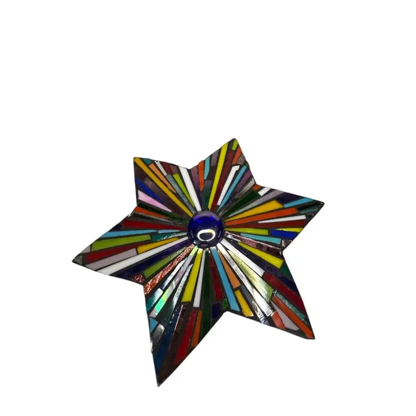 Signed Mosaic Glass Star With Blue Stone In Center 9x1 Hanger On Back