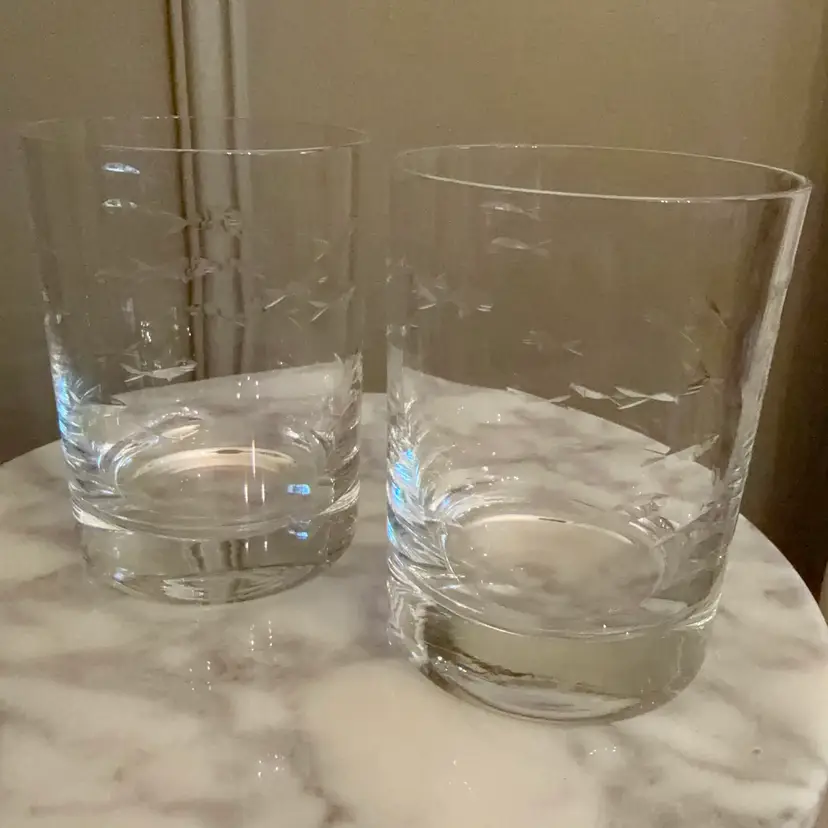 🔔 Vintage Cut Crystal Set of 2 Crate & Barrel REEF Double Old Fashioned Glasses Etched School of Fish Krosno Poland