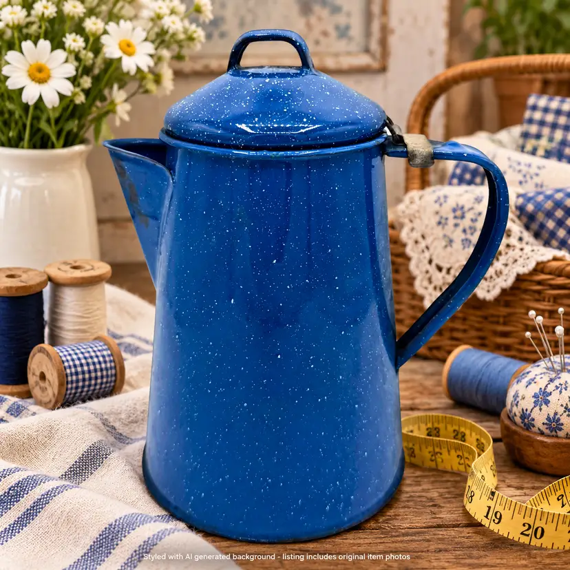 Vintage Blue Speckle Coffee Pot Small 8" Enamelware Cowboy Camp Kettle Hinge Lid