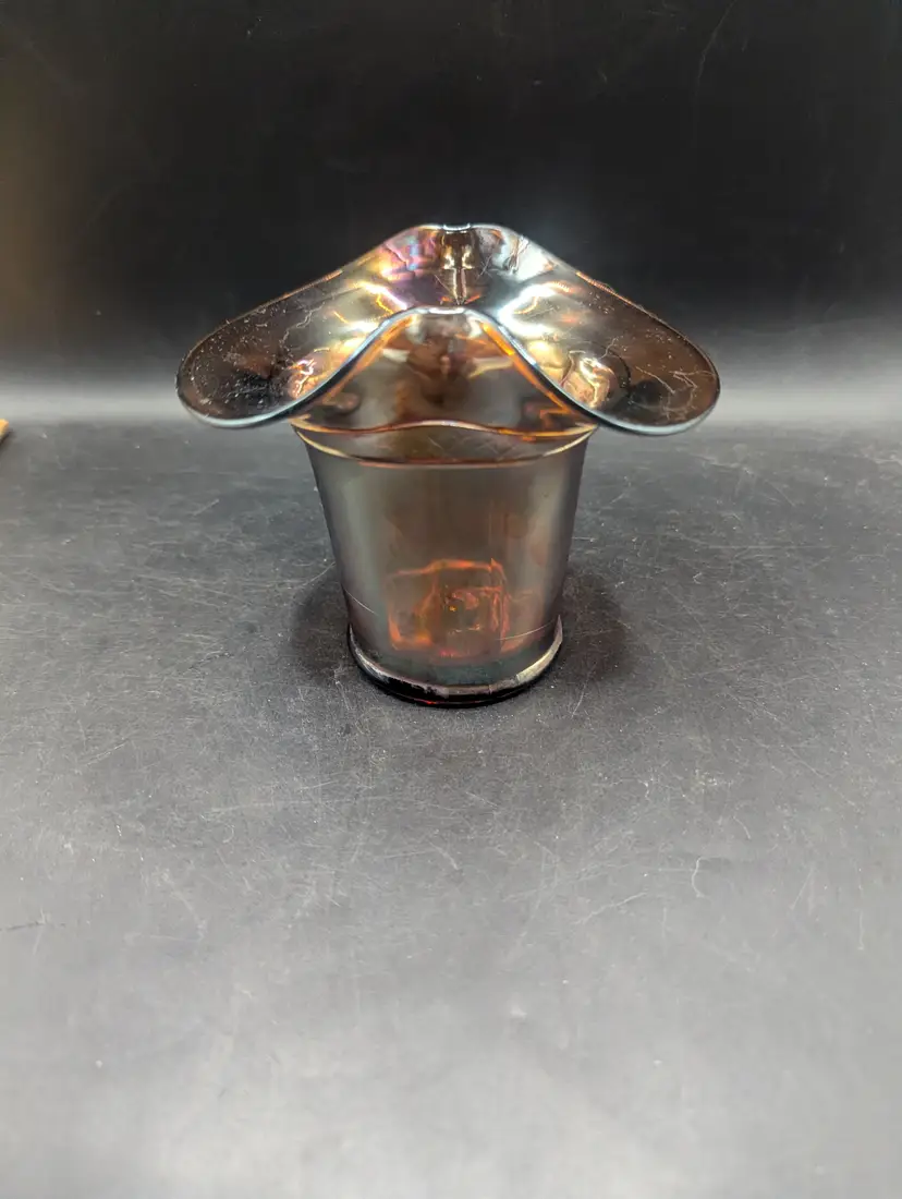 Vintage Dugan Glass Hat Vase in Amethyst Carnival Glass 4”