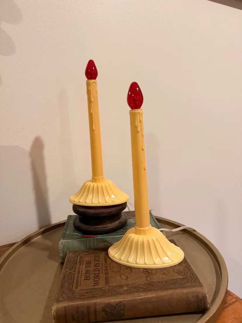 Vintage Christmas Window Candles Set of 2 Working Electric Red Flame Bulbs Retro Holiday Decor