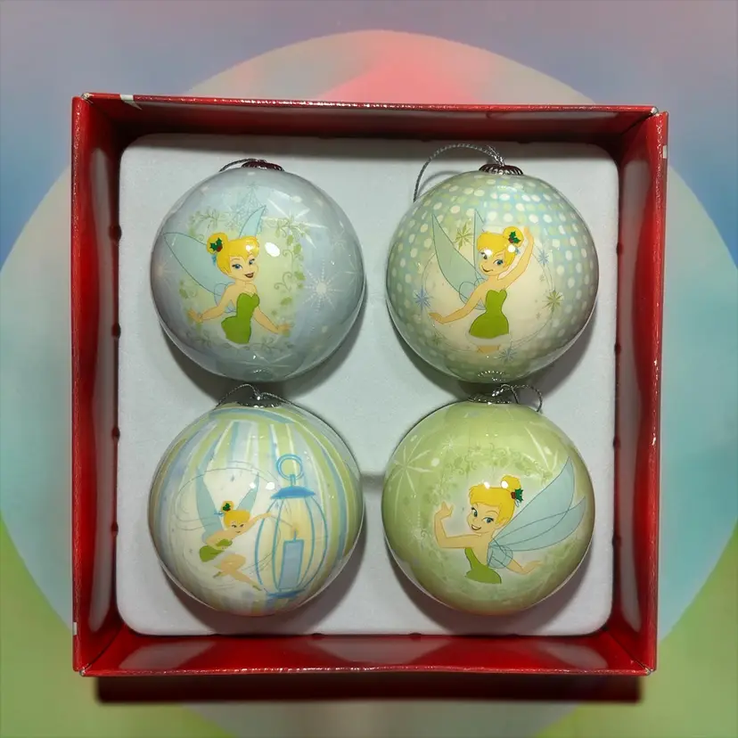Disney Tinkerbell Decoupage Ball Christmas Ornaments Set Of 4 Excellent