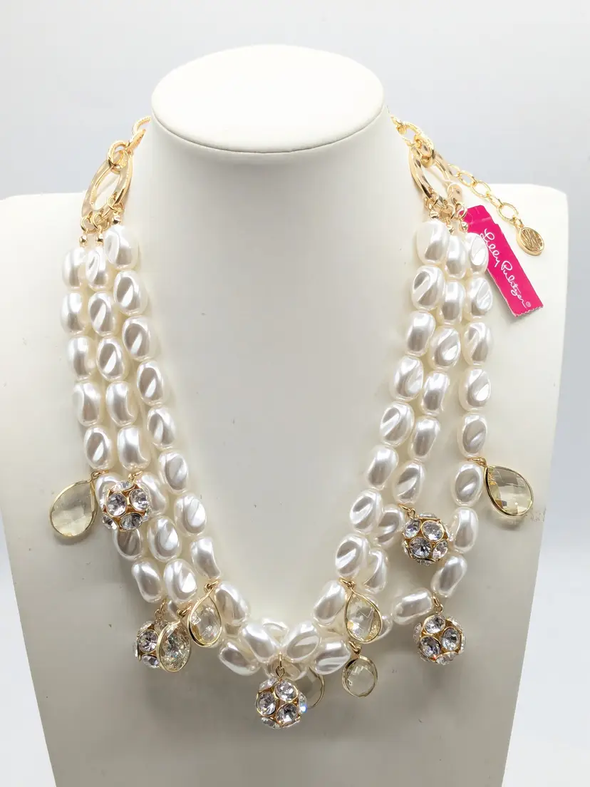 Lilly Pulitzer Gold Tone Faux Pearl and Crystal Statement Necklace NWT